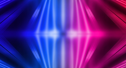 Fototapeta premium Empty stage, blue and pink, purple neon, abstract background. Rays of searchlights, light, abstract tunnel, corridor.