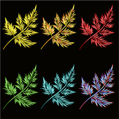 Decorative leaves gold, red, green, blue, neon watercolor set first on black background  vintage vector illustration editable hand draw
