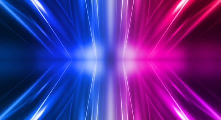 Empty stage, blue and pink, purple  neon, abstract background. Rays of searchlights, light, abstract tunnel, corridor.