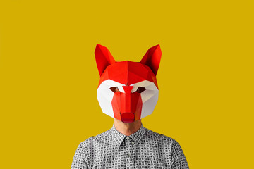young man with a red fox mask.