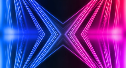 Fototapeta premium Empty stage, blue and pink, purple neon, abstract background. Rays of searchlights, light, abstract tunnel, corridor.