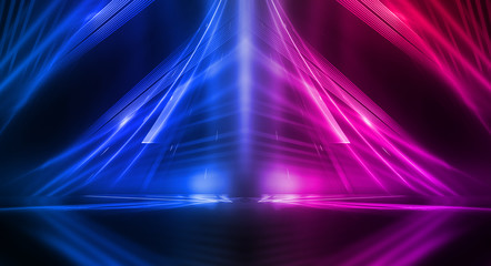 Fototapeta na wymiar Empty stage, blue and pink, purple neon, abstract background. Rays of searchlights, light, abstract tunnel, corridor.