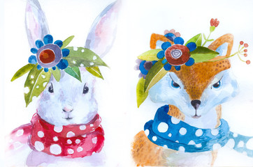  Watercolor fox and rabbit with a wreath of flowers. Kids poster