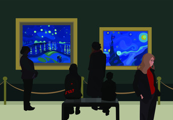 People contemplate classical paintings in museum. Exhibition visitors enjoy exposition. Vector illustration in flat cartoon style.