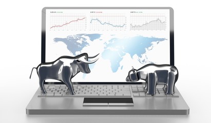 Bull and bear, computer - market/ finance/ stock concept - 3D illustration