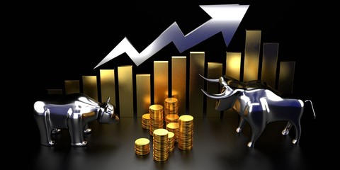 Bull and bear, growth chart - finance, stock, market concept - 3D rendering