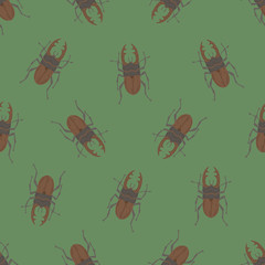 Seamless pattern with stag-beetles on green background. Vector drawing of bugs. Pattern for the fabric.