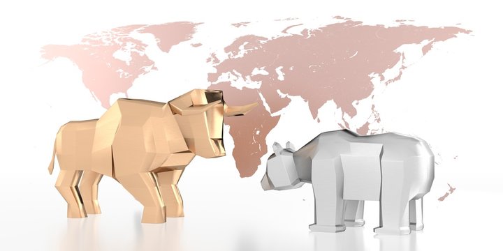 Bull and bear, world map - market/ finance/ stock concept - 3D illustration