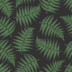 Vector seamless pattern with green fern. Dark background with leaves. Pattern for the fabric.