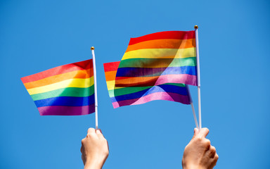 People holding and waving LGBT pride flags with blue sky background
