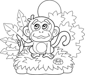 Obraz premium cartoon little monkey with a banana in hand, coloring book, funny illustration