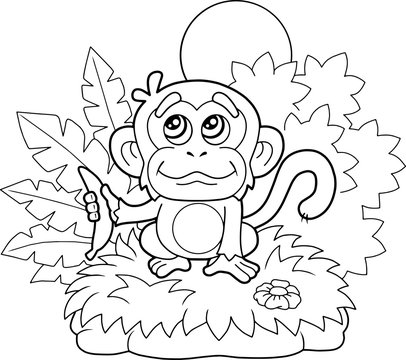 cartoon little monkey with a banana in hand, coloring book, funny illustration