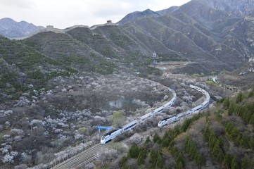A  beijing-zhangjiakou train  near qinglongqiao railway station. you can also see the great wall.