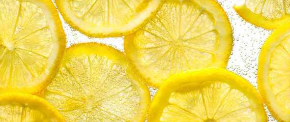Slices of lemon in water with air bubbles on white background. Close up. - obrazy, fototapety, plakaty