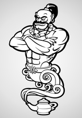 Gene out of the lamp. Vector black and white illustration.
