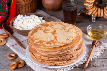 Thin homemade pancakes. Russian bliny. Maslenitsa