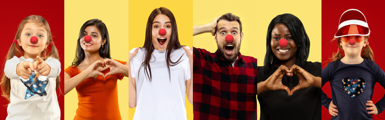 Collage of happy young people as a clowns celebrating red nose day. Male and female models on bicolored red-yellow studio background. Celebrating, greeting, holidays concept. Human facial emotions.