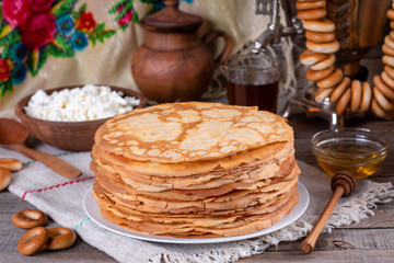 Thin homemade pancakes. Russian bliny. Maslenitsa