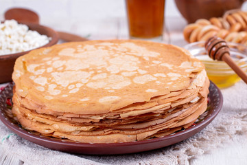 Thin homemade pancakes. Russian bliny. Maslenitsa