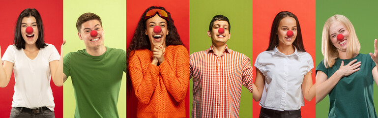 Collage of happy young people as a clowns celebrating red nose day. Male and female models on multicolored studio background. Celebrating, greeting, holidays concept. Human facial emotions.