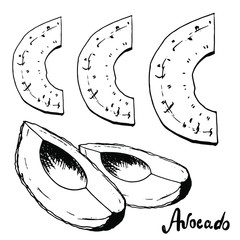 Vector sketch with avocado drawn in a graphic style. Perfect for menu design and decoration of healthy food.