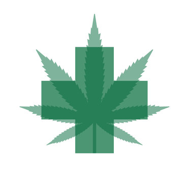 Marijuana, cannabis leaf with green cross on the background.