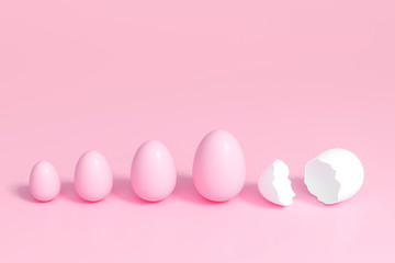 Outstanding white egg cracked open among pink eggs on pastel background 3d rendering. 3D illustration of easter eggs holiday minimal concept, greeting card, invitation or banner template.