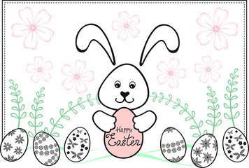 Cute white Easter Bunny holding an egg with a greeting inscription, decorative Easter eggs on a gentle spring background with abstract pink flowers and greenery. Vector greeting card template