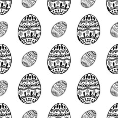 Black and white Easter eggs seamless pattern in doodle style isolated on white background. Vector stock illustration. Hand drawing image for spring decorating.
