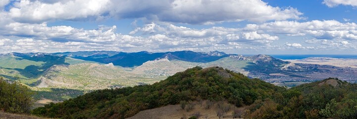 View from the top of the mountain to the neighboring mountain ranges. Crimea.