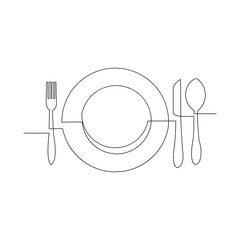 Continuous line drawing of clean plate, spoon, fork, and knife. One line art concept for restaurant and cafe. Vector illustration.