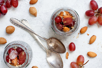 Chia pudding parfait with red grapes and almonds