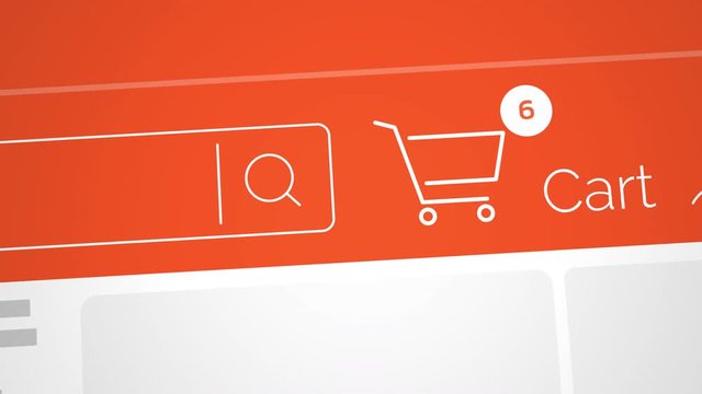 Close up shot animation of shopping cart icon on computer screen with animated counting numbers add online commodity on shopping web page. 4k footage 60 fps.