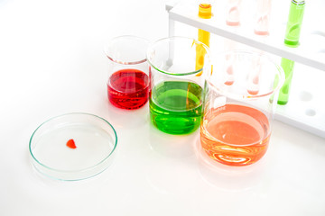 Different laboratory glassware with color liquid. and test tray with experiment.  Tube, flask and beaker