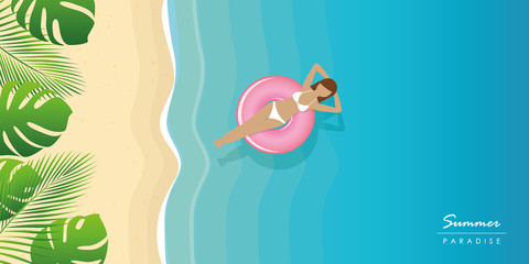 young woman in a swimming ring on the water on the beach vector illustration EPS10