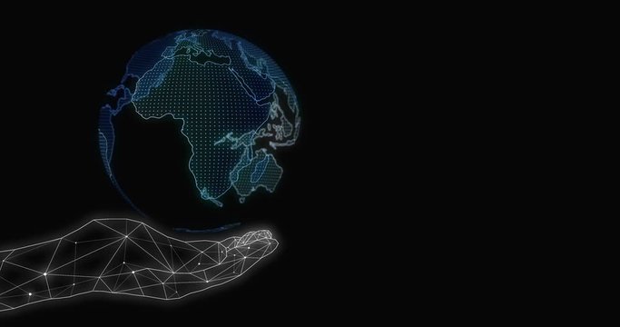 HUD motion graphic of global rotating on hand with empty space on right side. Concept of world network connection. 