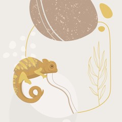 Yellow lizard chameleon isolated on white background. The wild animal is surrounded by abstract stone, plants and leaves. Sienna, pastel, gold colours.