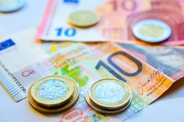 Euro and Pound banknotes and coins