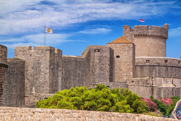 City summer landscape - view of the Minceta Tower and the Walls Old Town of Dubrovnik on the...