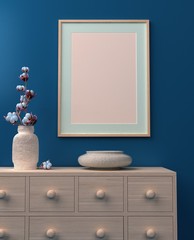 szablon pusta makieta na zdjęcie na tle nowoczesnego wnętrza domu classic blue kolor roku 2020 drewniana rama i komoda oraz kwiaty renderind 3d - obrazy, fototapety, plakaty