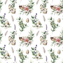 Cotton fabric Watercolor seamless pattern with nest, eggs and floral decor. Hand painted anemone, artichoke and lavender isolated on white background. Spring wildlife illustration for design, print or background.