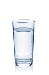 Water glass close up on white background
