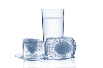 Glass water and  ice cubes isolated on white background