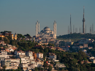 The new Camlica Mosque can be seen from the Bosporus in Istanbul, Turkey