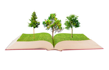 Open book covered with grass and trees isolated on white background