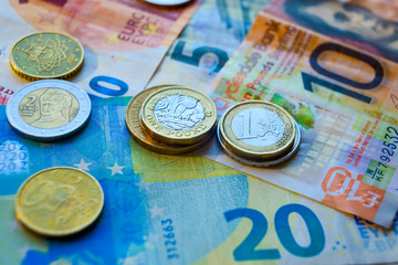 Euro and Pound banknotes and coins
