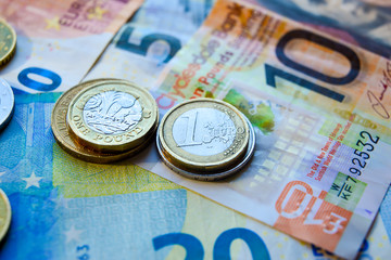 Euro and Pound banknotes and coins