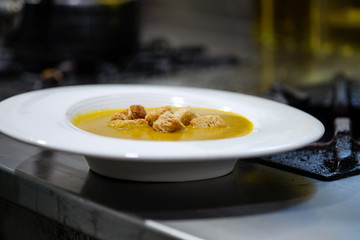 Pumpkin soup with croutons Homemade Healthy
