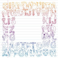 Animal alphabet. Zoo alphabet. Letters from A to Z. Cartoon cute animals. Elephant, dog, flamingo, giraffe, horse, alligator, bear, cat.