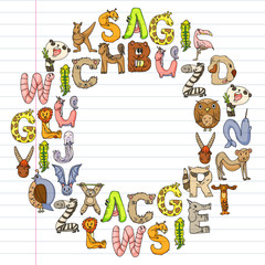 Animal alphabet. Zoo alphabet. Letters from A to Z. Cartoon cute animals. Elephant, dog, flamingo, giraffe, horse, alligator, bear, cat.